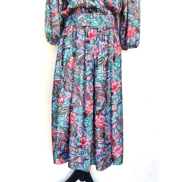 Diane Freis Vintage Blue Floral Dress With Belt Size Medium Large - Picture 9 of 11